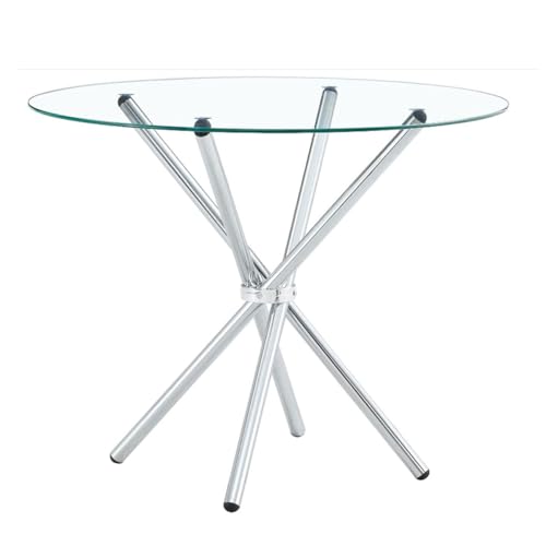 JHAISMAO Modern Large Round Kitchen Dining Table Silver Chrome Leg And Clear Glass Dining Table For Living Room Office Restaurants Side End Table(Size:80cm)