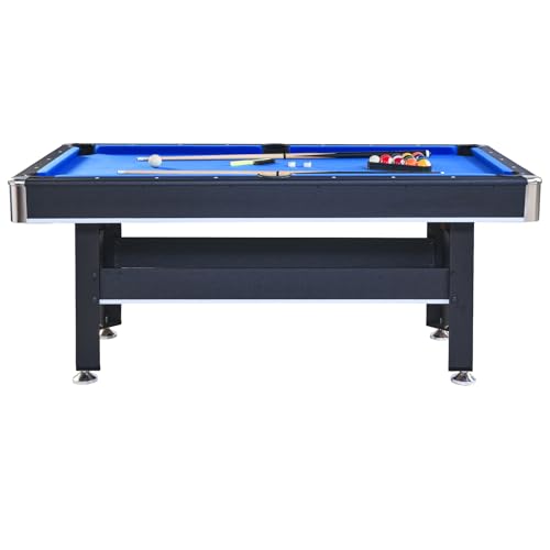 Voohek Pool Table, 6ft Billiard Table with Table Tennis Top, One Set of Billiard Balls, 2 Ashwood Cues, Triangle Rack, Poly-Sealed Tabletop and 4 Adjustable Foot Pads, for Children (Black+Blue)