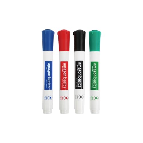 Amazon Basics Low-Odor Dry Erase Whiteboard Markers, Chisel Tip, Quick-Dry, Black, Red, Green, Blue,...