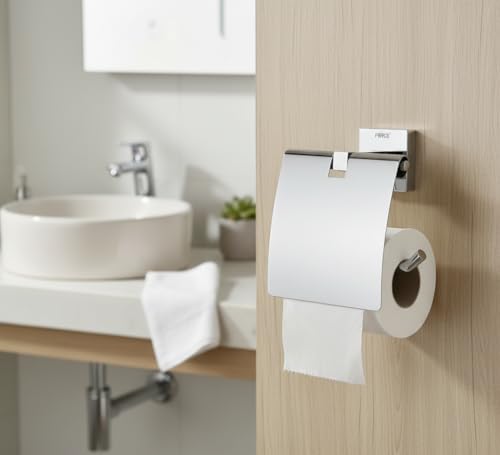 Image of Force Toilet Paper Holder with Shelf - Pack of 2 - Wall Mounted Stainless Steel 304 - Brushed Chrome Finish - Square Brass Base - Rustproof Bathroom Tissue Roll Stand with Storage Shelf