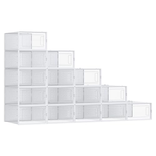 SONGMICS Shoe Boxes, Pack of 15 Shoe Storage Organizers, Stackable Clear Plastic Boxes for Closet, Sneakers, 13.1 x 9.1 x 5.6 Inches, Transparent and White ULSP015W02 15 Count Fit Size 11 Tr