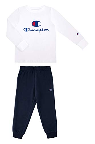 Champion Kids Boys Long Sleeve Hooded and Crew Neck Tee Shirt and Fleece Jogger Sweatpant 2 Piece Set Kids Clothes (White/Navy C, 6) Champion Kids Boys Long Sleeve Hooded and Crew Neck Tee Shirt and Fleece Jogger Sweatpant 2 Piece Set Kids Clothes (White/Navy C, 6)