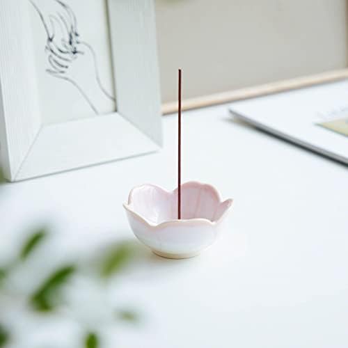 Asayu Japan Mini Sakura Flower Incense Holder for Sticks 4.9 inch (126 mm), Traditional Made in Japan Small Ceramic Ash Catcher & Detachable Brass Incense Burner Stand Set - Cherry Blossom Pink