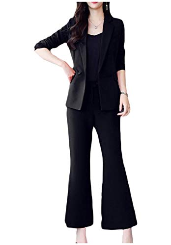 Doufine jaqueta feminina slim para trabalho com calças flare, Preto, XL