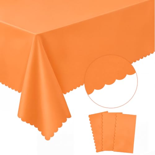 NatNarr 3 Pk Orange Plastic Tablecloth Scalloped Fall Halloween Table Cloth | 54" X 108" Disposable Fall Table Cover Thanksgiving Decorations Rectangle Tablecloth for Autumn Harvest Baby Shower