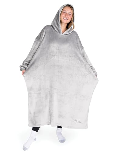 Bare Home Long Length Microplush Wearable Blanket with Side Pockets - Soft and Plush - Warm and Cozy - Adult &amp; Kid Sizes (Adult, Light Grey)