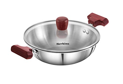 Hawkins 1.5 Litre Deep Fry Pan, Triply Stainless Steel Kadai with Glass Lid, Flat Bottom Induction Kadhai, Small Kadai, Silver (SSD15G)