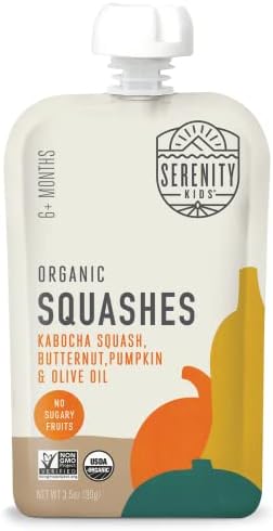 Serenity Kids 6+ Months USDA Organic Veggie Puree Baby Food Pouches | No Sugary Fruits or Added Sugar | Allergen Free | 3.5 Ounce BPA-Free Pouch | Squashes | 1 Count