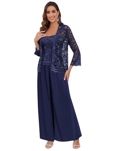 BANTRATIC 3 Piece Mother of The Bride Pantsuits with Jacket for Wedding Long Sleeve Evening Formal Prom Cocktail Pant Outfits