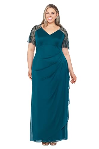 Xscape Floor Length Jersey Knit Evening Gown with V-Neckline, Beaded