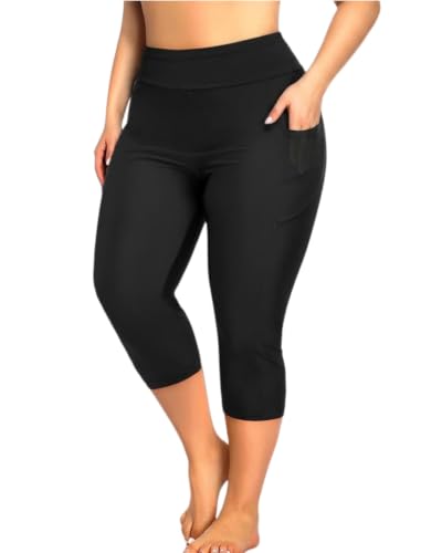 Women's Black Plus Size Rash Guard Pants with Pockets Long Swim Capris 22W