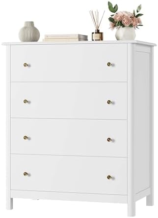 HOUSUIT White Dresser with 4 Drawers, Modern Dresser Chest of Drawers, 4 Drawer Dresser, Tall Wood Dresser Storage Cabinet for Living Room, Entryway, Hallway, Ivory White