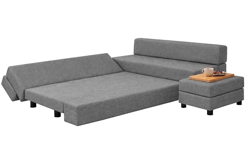 Image of Rosebell 3+2 Convertible Leg Sofa Cum Bed Set with Ottoman Foldable Modular Seating & Sleeper ? Space Saving Living Room Furniture Jute Fabric-Grey