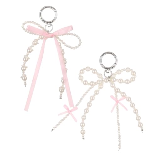 Flavizo 2Pcs Pearl Bow Keychain Set for Women - Elegant Ribbon Bow Bag Charms for Handbags, Cute Aesthetic Keyring for Purse, Phone Sling Strap Bling Accessory Gift