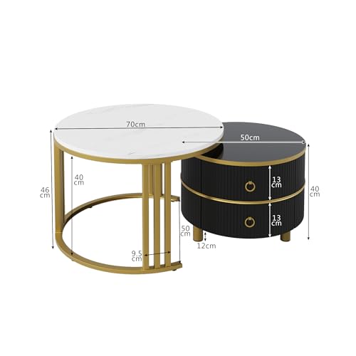 Merax 2-1 Nesting Coffee Tables for Living Room, Round Coffee Table Set with 2 Drawers Perfect for Bedroom, Office and Apartment, 1 Side Table with White Marble Top, White and Black, MDF - Image 2