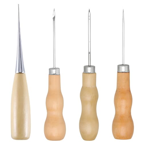 GXGM 4 Pièces poinçons professionnels avec manche en bois pour poinçonnage de couture en cuir, Il peut être utilisé pour les réparations domestiques, la menuiserie, la couture, le perçage, etc