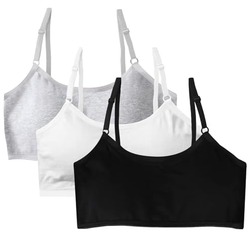 FUIPVGI 3 Pack Sports Bra for Girls Soft Cotton Training Bras Underwear with Fixed Bust Pads and Adjustable Strap,Seamless Sports Underwear for Girls Teens 10-14 Years (Black,White,Grey)