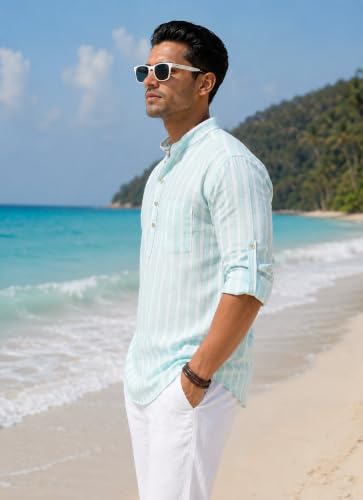 Image of Majestic Man Men's Pure Cotton Striped Mandarin Collar Regular Fit Roll-Up Sleeves Short Kurta