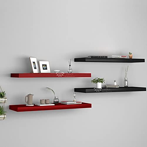 Image of Aries Wooden Floating Wall Shelf| Wall Rack Shelf | Wall Mount for Living Room, Bedroom, Kitchen (Set of 4 Black and Red, Large)