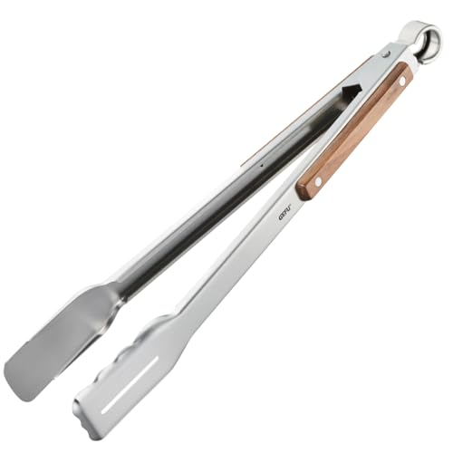 GEFU Grillzange SERINO – Edelstahl Zange mit Walnussholzgriff, flacher Vorderkante, Verriegelung, Aufhängeöse und Fettablaufschlitz, 42,5 cm