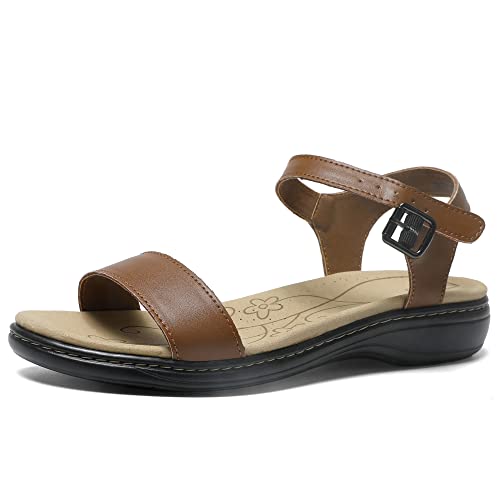 Image of Women's Classic Flat Sandals Leather Open Toes Memory Foam One Band Ankle Strap Adjustable Slip On Shoes