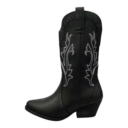 Western Cowgirl Mid-Calf Boots, Faux Leather Pull-On Style with Embroidered Design, Casual Walking Boots for Women (Black, One Size, UK Footwear Size System, Adult, Women, Numeric, Medium, 3)