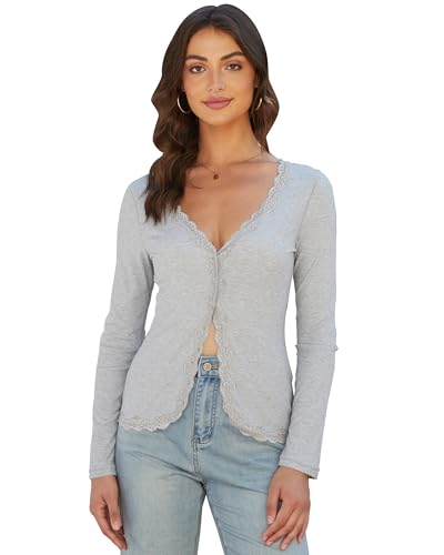Homepeaz Cardigan for Women Cropped Lightweight V Neck Ribbed Going Out Tops Button Down Shirts Lace Trim Long Sleeve Tops