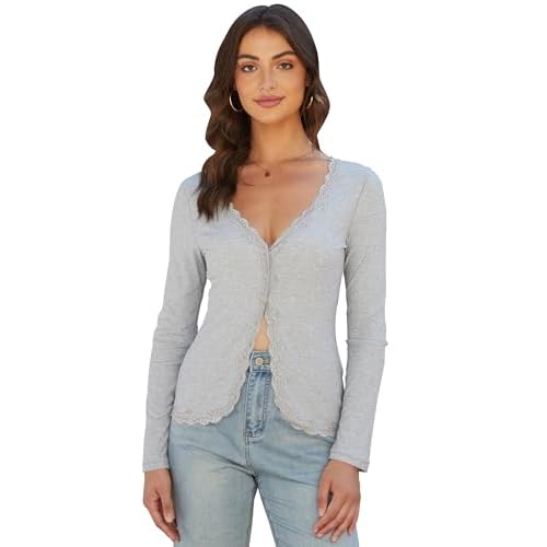 Cardigan for Women Cropped Lightweight V Neck Ribbed Knit Going Out Tops Button Down Shirts Lace Long Sleeve Tops Grey Small