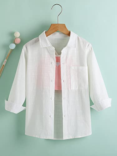 Shein Girl's Casual Button Down Long Sleeve Linen Collared Shirt Blouse Tops White 110 #TOP4