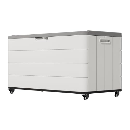 Mrosaa 110 Gallon Deck Box Waterproof with Wheels - Mobile Double-Wall Resin Outdoor Storage Box for Patio Pool & Garden - Lockable Deck Storage for Cushions Pool Floats Boat Slip (Off-White)