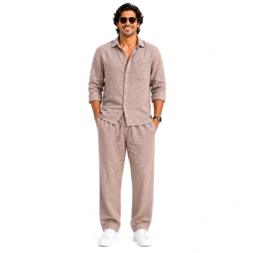Image of Men's Premium Linen Co-Ord Set | Regular Fit Full Sleeve Solid Shirt with Drawstring Trouser | Breathable Linen Casual Outfit for Summer, Travel, Beach, Vacation & Daily