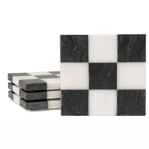 Checkered Marble Coasters – Set of 4 Aesthetic Black and White Stone Drink Coasters for Table, Kitchen Accessories, Checkered Home Decor and Modern Decor for Home