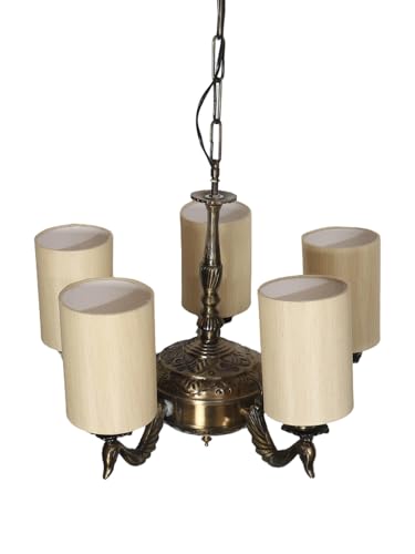 Image of Devansh 05-Light Conical Off-White Cotton Shade Chandelier - Antique Golden Finish | Adjustable Cord | Warm Glow Lamp - Ceiling Light for Living Room, Dining Area, Bedroom & Entryway Decor - D2