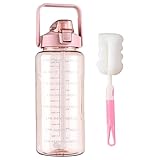 2L Water Bottle with Straw,Clear Leakproof Sports Bottle with Time Markings,Portable Handle Drink Bottles,Heat Resistant Motivational Jug for Gym Hiking Ensure Drinking Throughout The Day (Pink)