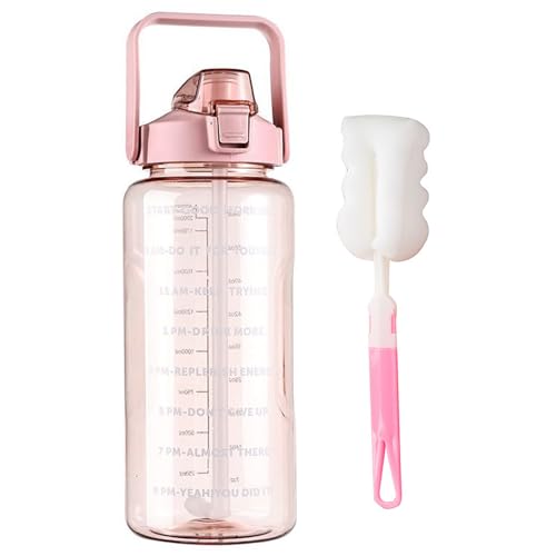 2L Water Bottle with Straw,Clear Leakproof Sports Bottle with Time Markings,Portable Handle Drink Bottles,Heat Resistant Motivational Jug for Gym Hiking Ensure Drinking Throughout The Day (Pink)