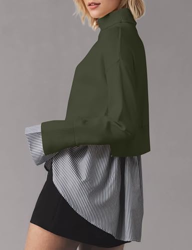 Image of MISSACTIVER Women Slit Turtleneck Patchwork Sweater 2 in 1 Buttons Down Pullover Knit Sweater Asymmetrical Hem Shirt Top
