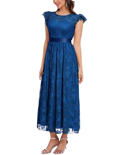 Image of Women's Casual Tulle Midi Dress Ruffle Sleeve Crewneck Lace Flowy Dresses Party Wedding Guest Sundress