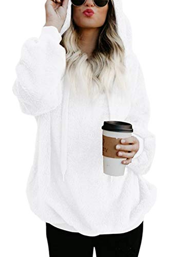 COCOLEGGINGS Women's Pullover Zip Front Fuzzy Fleece Hoodies Outwear White 2XL