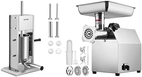 VEVOR Sausage Stuffer,Manual 7LB/3L Capacity,Sausage Filling Machine with 4 Stuffing Tubes+VEVOR Electric Meat Grinder, 396 Lb/H Capacity,1100W Meat Mincer with 2 Blade,3 Grinding Plates,Sausage Tubes
