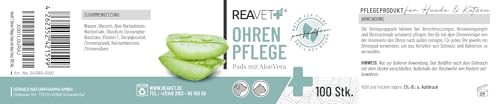 ReaVET Ohrenreiniger Hund & Katze 100 Stück – Ohrenpflege Pads Hund I Pflegeprodukt für Ohren, Reinigungstücher Hund, Besonders Milde & Schonende Reinigung mit Aloe Vera für Hunde und Katzen