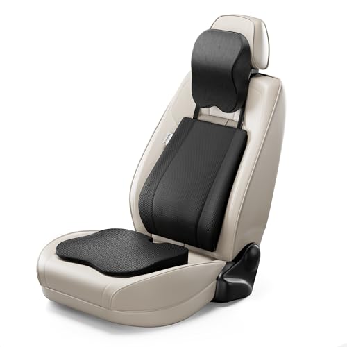 FOVERA Memory Foam Car Cushions Combo – Backrest, Seat Cushion & Neck Pillow (Set of 3) | Orthopedic Support for Back, Neck & Seat Bone | Air-Cooled Ventilated Foam (Black)