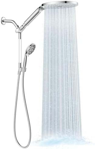 MakeFit Rain Shower Heads System, 3 Jet Double Shower Head with Solid Brass Rod, Rain Shower Head with 10 Settings, High Pressure Handheld Shower, Built-in Power Washing Mode (Chrome)
