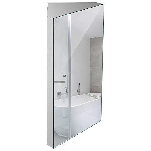 Wall Mount Corner Medicine Cabinet with Mirror, 24.2” x 12.8 Inch Bathroom Wall Cabinet, Brushed Stainless Steel - Right Open Mirror Door Three Shelves