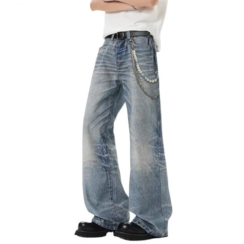 Men's Chain Print Jeans, High Street Washed Distressed, Baggy Straight Wide Leg Denim Pants2