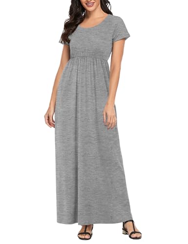 Lacavocor Womens Short Sleeve Maxi Dresses Empire Waist Long Dress,Light Grey,XL