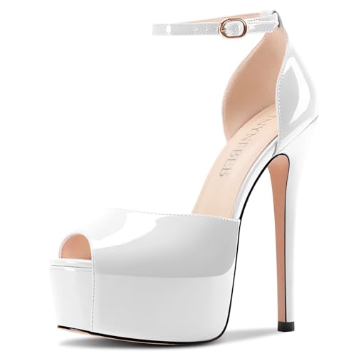 Image of TNYNFBEB Womens Stiletto High Platform Heel Peep Open Toe Sandals Ankle Strap Buckle Prom Party Dress Patent Leather 6.1 Inches Heels