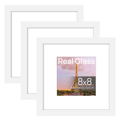 Image of upsimples 8x8 Picture Frame, Gallery Glass Photo Frames Set of 3, White | Fit 5x5 with Mat and 8 x 8 Photos, Gift for Christmas, Wall Decor and Table Display for Living Room, Hallway, Gallery