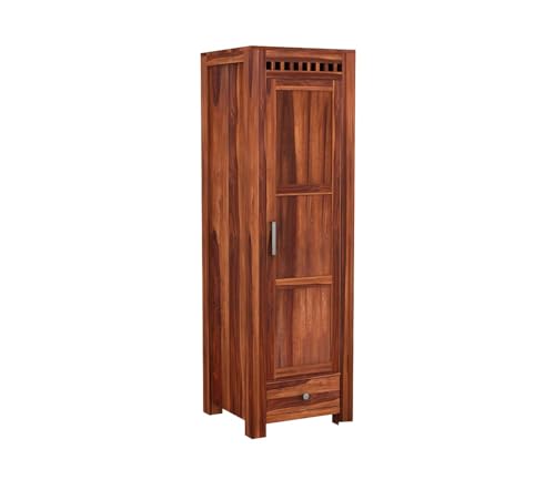Image of Sheesham Wood Wooden Single Door Wardrobe Organizer for Clothes | - Solid Wood Almirah with 1 Drawers, 4 Shelves - Cupboard for Large Bedroom, Natural Finish