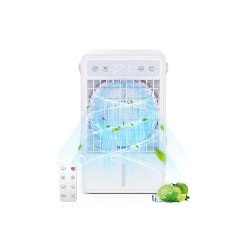 Aire Acondicionado Portatil con 1.5L, Mini Enfriador de Aire con 5 Velocidades, 3 Modos de Neblina, USB & Temporizador 10H, Mando a Distancia y Luz RGB, para Dormitorios, Oficinas y Espacios Reducidos