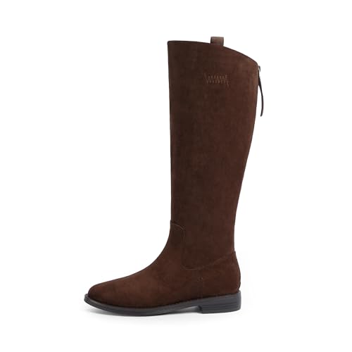 Image of Modatope Knee High Boots Women Rounded Toe Flat Retro Bais Opening Low Chunky Heel Riding Boots